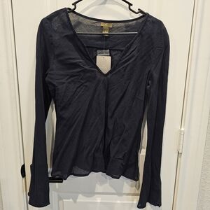 Anthropologie Black Long Sleeve Beaded V-Neck Top
